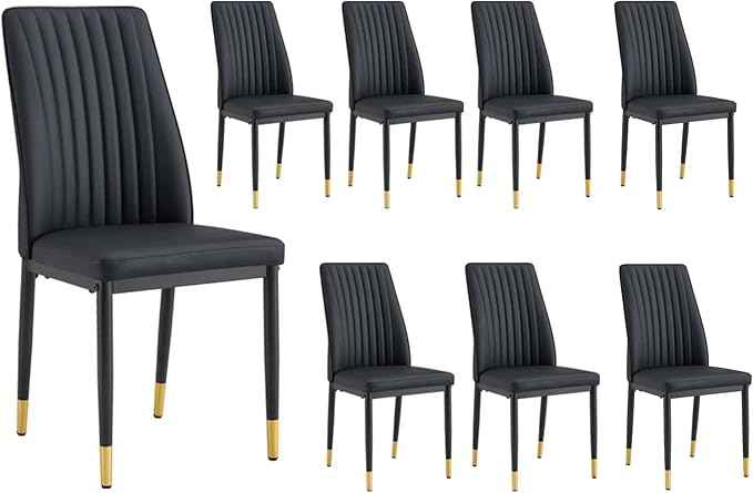 Modern Dining Chairs Set - 8 Black PU Leather Chairs with Metal Legs for Dinner Room, Office, Waiting Room
