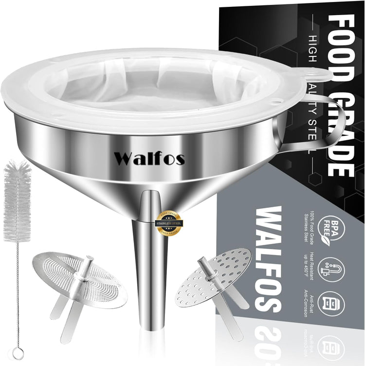Stainless Steel Funnel, Walfos Kitchen Funnel with 2 Removable Strainer & 1Pc Cleaning Brush, Perfect for Transferring of Liquid, Oils, Jam, Dry Ingredients & Powder (Big, 4.9")