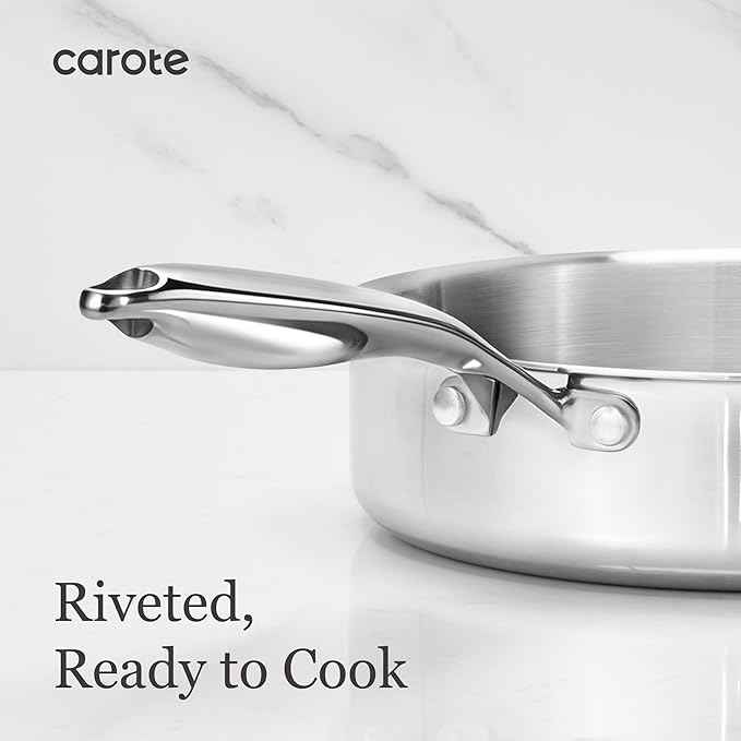 CAROTE 21pcs Tri-Ply Stainless Steel Cookware Set, Pots and Pans Set, Non Toxic Induction Kitchen Cooking Sets, Cookware Collection, Mirror Polish, Silver