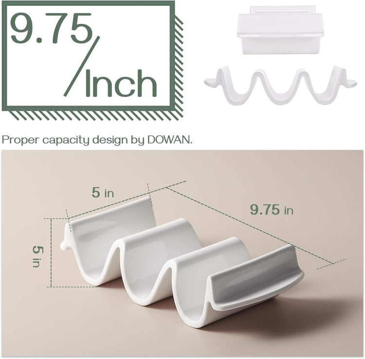 DOWAN Porcelain Taco Holder, 9.75" Large Taco Stand with Handle, Sturdy and Stable, Oven & Microwave & Dishwasher Safe, Safe without Sharp Edge, Taco Trays Holds 3 Taco Shell, Easy to Clean, Set of 2