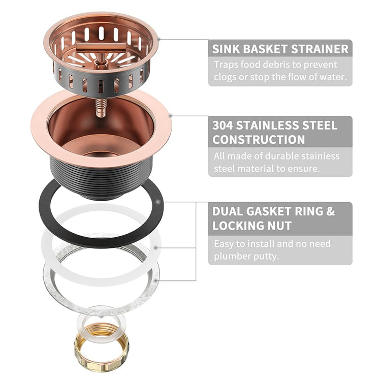 Copper Sink Drain 3.5 Inch Kitchen Sink Drain Assembly Stainless Steel Sink Strainer Sink Stopper Antique Copper Basket Strainer for 3