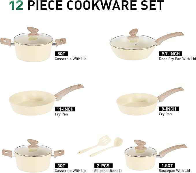 MAISON ARTS Pots and Pans Set Non Stick, Kitchen Cookware Sets Nonstick, 12 Piece Granite Cooking Pot and Pan for Induction, Stovetop, Beige