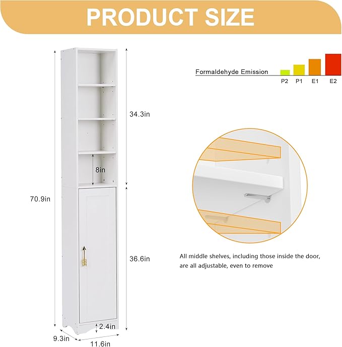 VECELO Narrow Tall Storage Cabinet, Modern Multi-Purpose Bookshelf with Adjustable Shelves & Closed Door, for Kitchen, Living Room, Bathroom, Bedroom, White