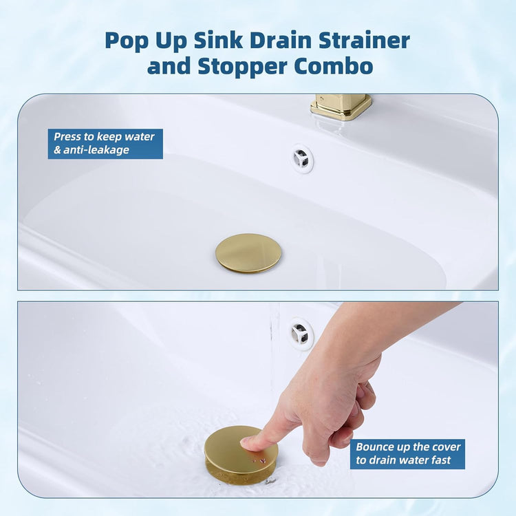 Hibbent 2 Pack Upgraded 3 in 1 Bathroom Sink Drain Strainer, Pop Up Sink Stopper with Big Cap, Anti-Clogging Metal Filter Basket,Sink Plug with Hair Catcher for 1.1''~2.36'' Basin, Brushed Gold