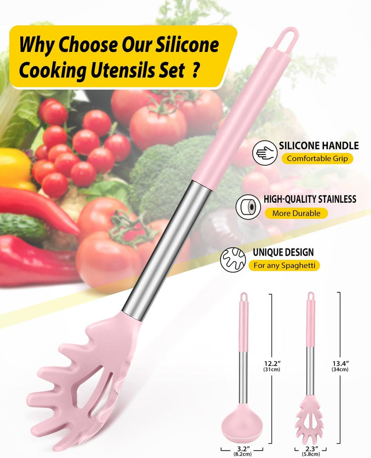 Silicone Pasta Fork and Ladle Spoon Set, Large Non Stick Kitchen Utensils for Cooking,Stirring,Serving Spaghetti, Soup, Sauce (PINK)