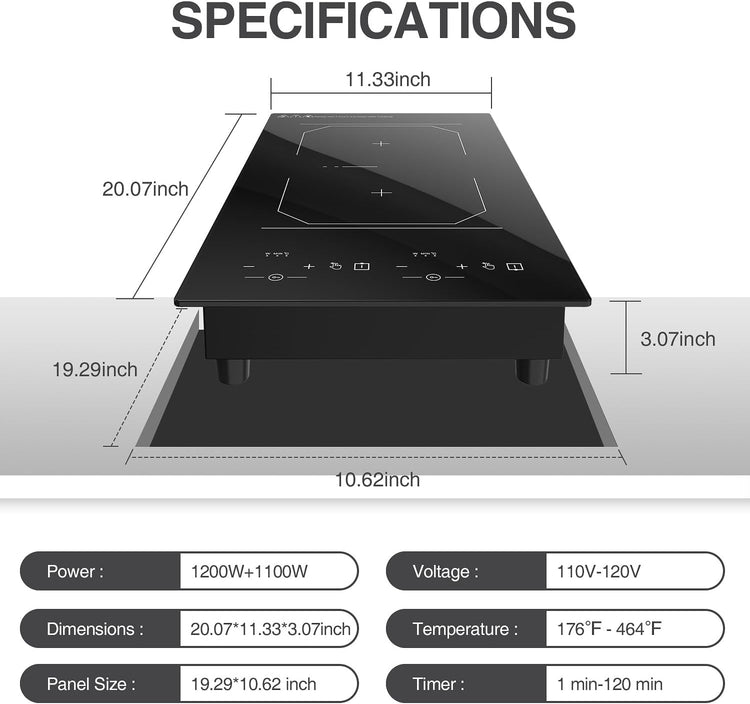 Double Induction Cooktop 2 Burner: 12 Inch 110v Built-in & Portable Electric Stove Top - 2300W Electric Cooktop with 9 Temp Settings, Countertop Cooktop for RV, Camping, Travel