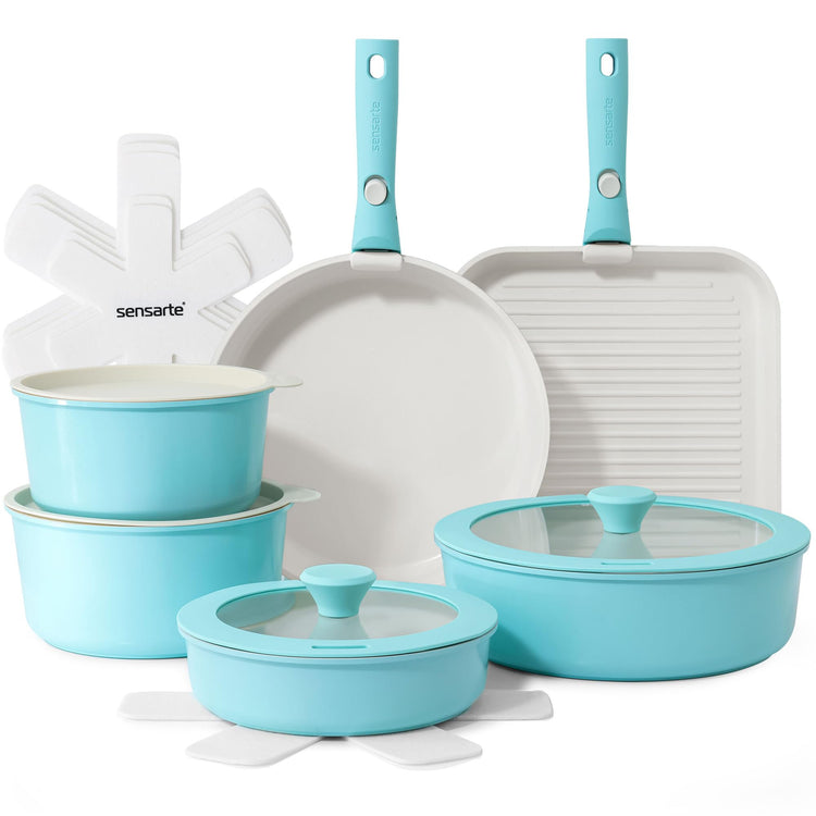 17 Piece Ceramic Detachable Handle Pots and Pans Set Turquoise