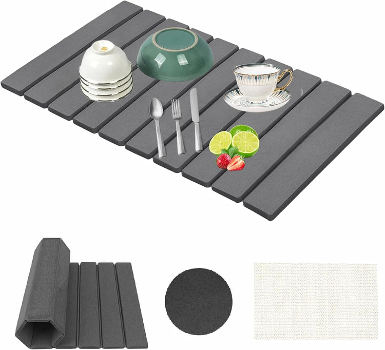 Stone Drying Mat for Kitchen Counter, Collapsible Dish Drying Mat, Fast Drying Diatomaceous Earth Dish Drying Mats, Water Absorbent Diatomite Kitchen Mat (Dark gray, small size)