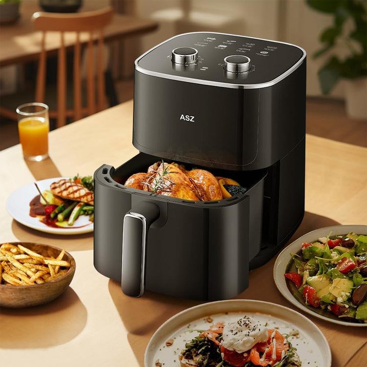 ASZ 5qt Air Fryer Compact Knob Black for dorm office - 4.7L Airfryer with Window 1400W Visual Basket - Non-Stick Pan, Manuel Control Max 60s Timer & 400℉ Kitchen Airfry Countertop Gift