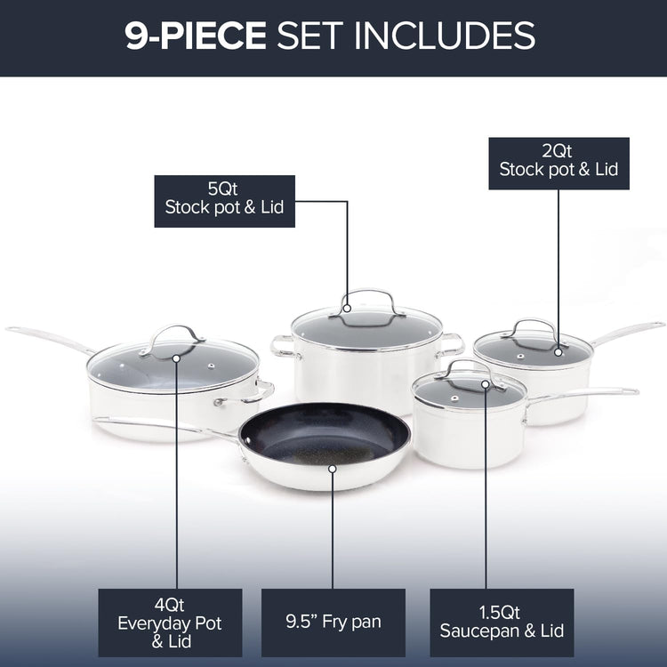 Nuwave Healthy Duralon Blue Ceramic Nonstick Coated 9pc Cookware Set, Scratch-Resistant Diamond Infused, PFAS Free, Induction Ready & Evenly Heats, Oven Safe, Tempered Glass Lids