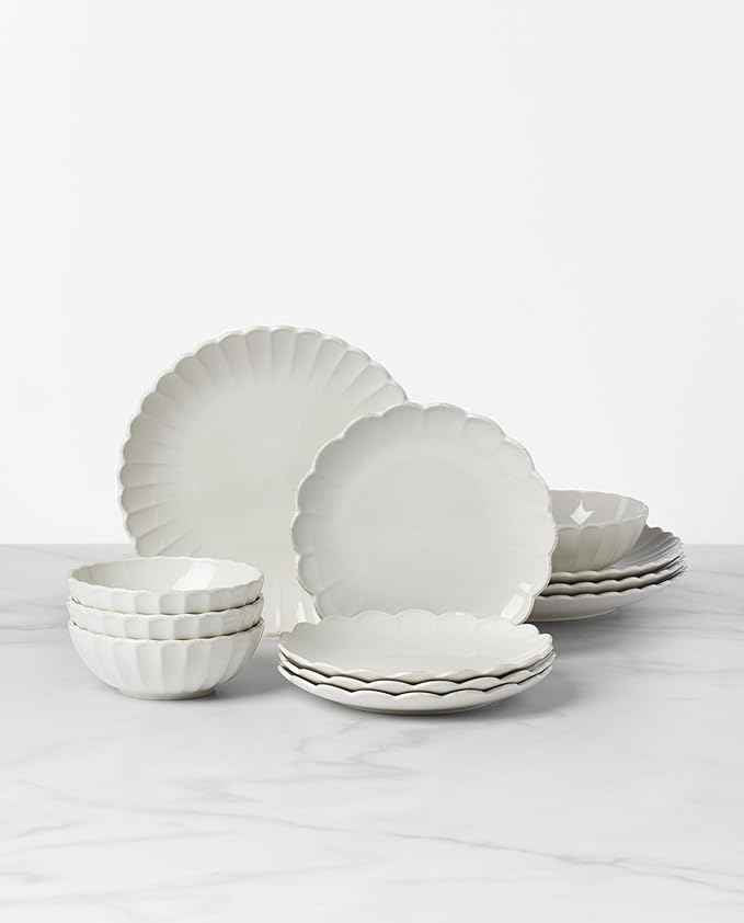 Lenox Stoneware Dinnerware Sets, French Perle Scallop 12-Piece Dinnerware Set for 4, Service For 4, Dishwasher Safe Dishware, White Dishes Set, Stoneware Dinner Plates and Bowls Sets (White, 12 Piece)