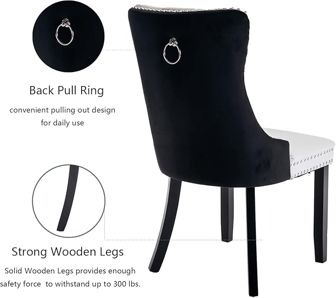 Dining Chairs Set of 2, Upholstered Dining Room Chairs with Back Ring Pull Trim and Solid Wood Legs, Modern Tufted Kitchen Chairs Perfect for Dining Room, White Pu Leather Splicing Black Velvet