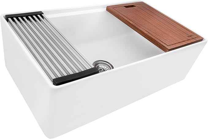 Ruvati 33 inch Fireclay Workstation Kitchen Sink - White Farmhouse Kitchen Sinks - Apron Front Sinks Single Bowl - MADE IN ITALY- RVL2387WH