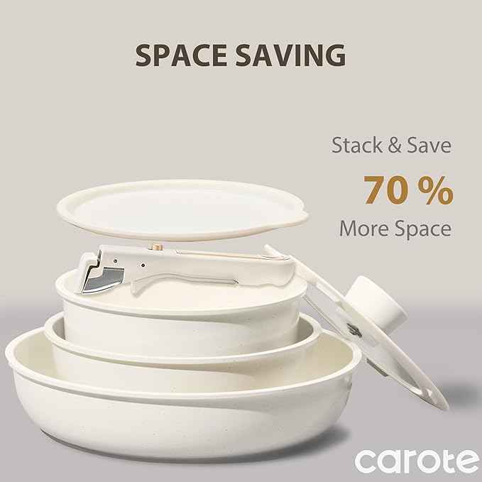 CAROTE 6pcs Pots and Pans Set Non Stick, Cookware Sets, Kitchen Set, Oven/Fridge Safe, Space Saving Pots Set, Nonstick Cooking Set with Versatile Detachable Handle, Induction RV Set