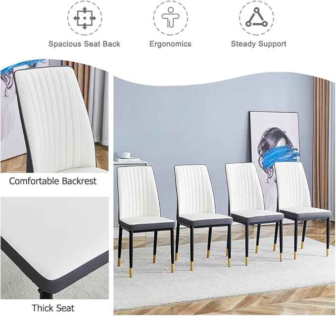 Modern Dining Chairs Set - Off-White PU Leather Armless Chairs with Metal Legs for Dinner Room, Office, Waiting Room (Set of 4)