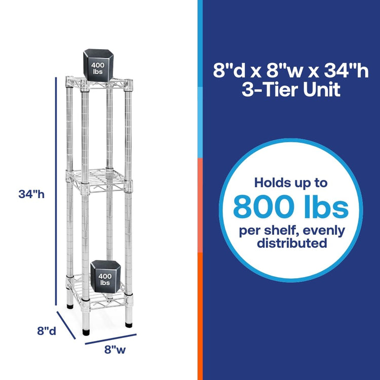 Shelving Inc. 8" d x 8" w Chrome Wire Shelving with 3 Tier Shelves