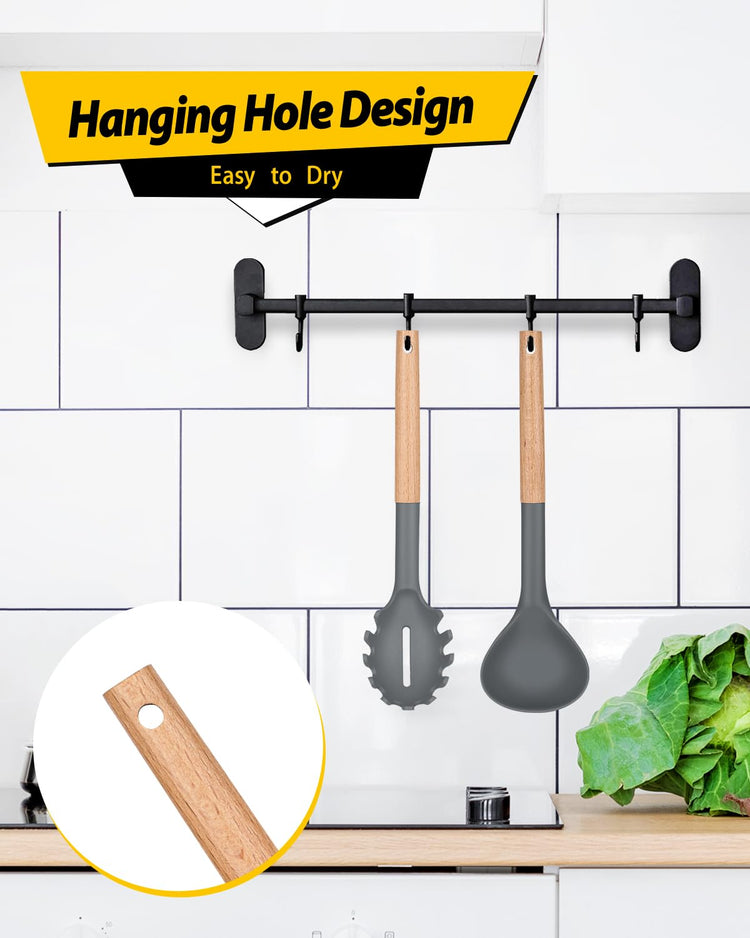 Silicone Pasta Fork and Ladle Spoon Set with Wooden Handle (2 Count)