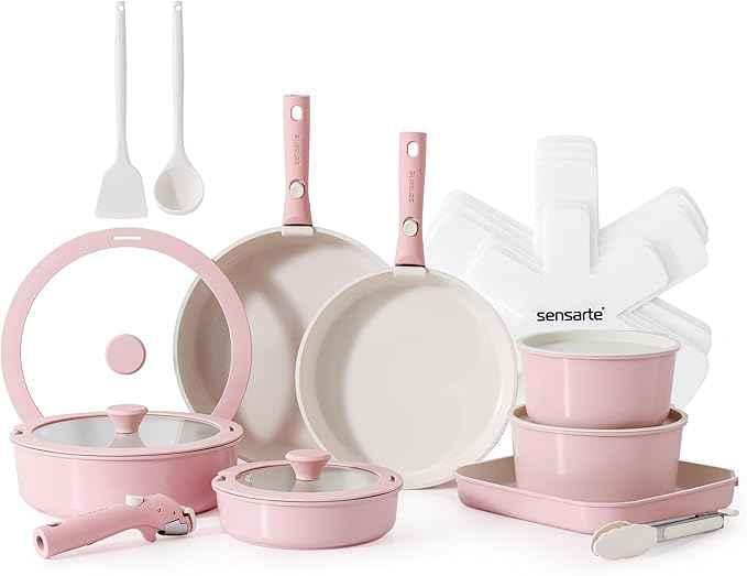 SENSARTE 24 Piece Ceramic Pots and Pans Set, Nonstick Detachable Handle Cookware, Induction Kitchen Cookware Set with Removable Handle, Healthy Non Stick for RV, Dishwasher&Oven Safe, PFOA Free (Pink)