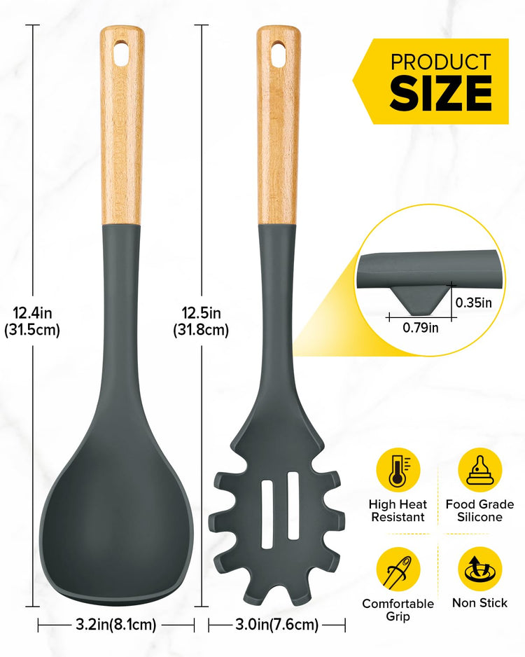 Silicone Soup Ladle and Spaghetti Spoon Set with Wooden Handle (2 Count)