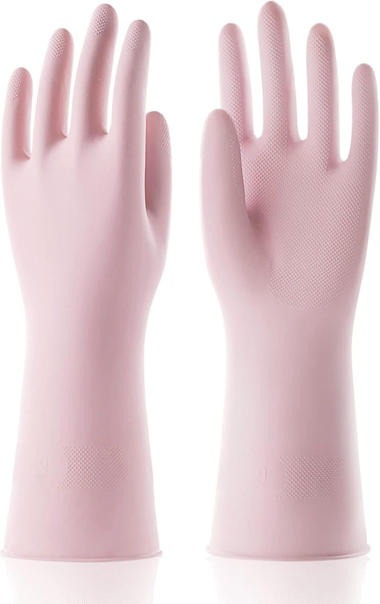 COOLJOB Small Household Rubber Gloves with Cotton Liner & Non-slip Grip, Waterproof Long Lasting Dishwashing Gloves for Kitchen & Bathroom Cleaning, Light Pink, 1 Pair