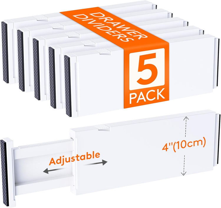 Lifewit 5 Pack Drawer Dividers 4" High, 11-17" Adjustable Dresser Drawer Organizers for Clothes, Expandable Dresser Separators in Bedroom/Bathroom/Kitchen/Vanity/Office Organization and Storage, White