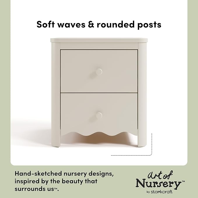 Storkcraft Casablanca 2 Drawer Nightstand (Frosted Oat) - GREENGUARD Gold Certified, Storage for Kids Bedroom, Premium Wood Nightstand with Elegant, Iconic Wave Detailing and Rounded Posts