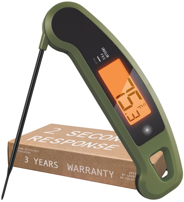 Lavatools Javelinยฎ PRO Duo Ultra-Fast 2-Second Professional Digital Instant Read Meat Thermometer for Grill and Cooking, Auto-Rotating Backlit Display, IP65 Water Resistant โ Olive