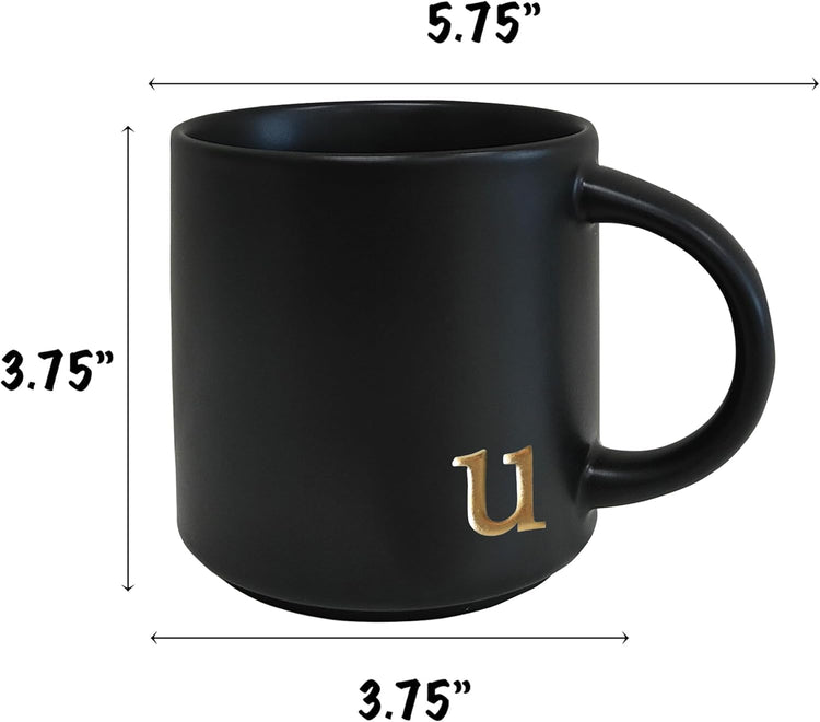 COLLECTIVE HOME - Black Monogram Ceramic Mugs, 15 oz Golden Initial Coffee Cups, Elegant Alphabet Tea Mugs, Personalized Halloween Mug with Gift Box, Perfect for Office and Home Décor (u)