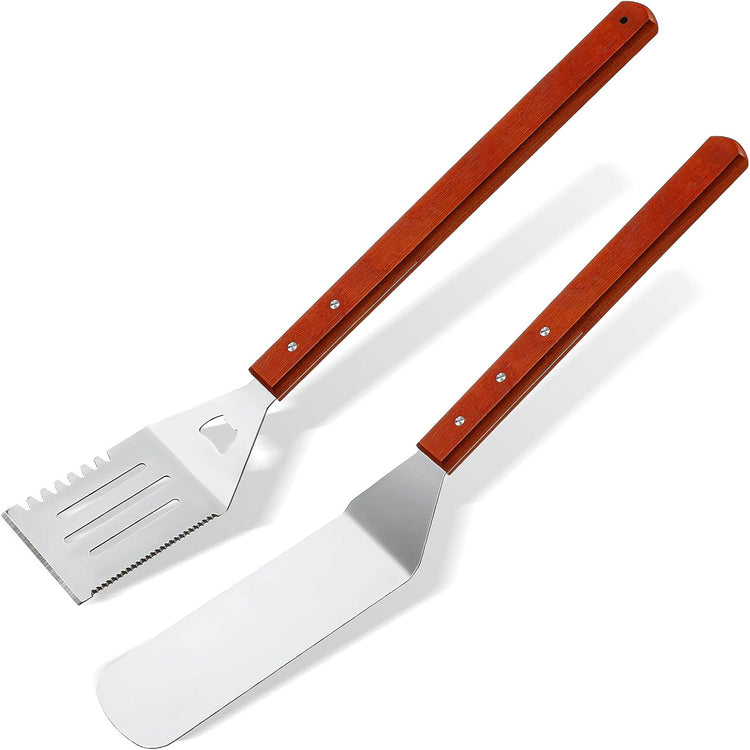 2 Pieces BBQ Extra Long Grill Turner and Grill Spatula, Stainless Steel Barbecue Grilling Accessories, Slotted Spatula and Solid Kitchen Spatula with Wooden Handle, 20 Inch