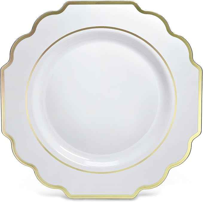" OCCASIONS " 960 Piece set (120 Guests)-Heavyweight Wedding Party Disposable Plastic Plate Set - 120 x 10.5'' + 120 x 8'' + Silverware + Cups + Napkins (Imperial White & Gold)