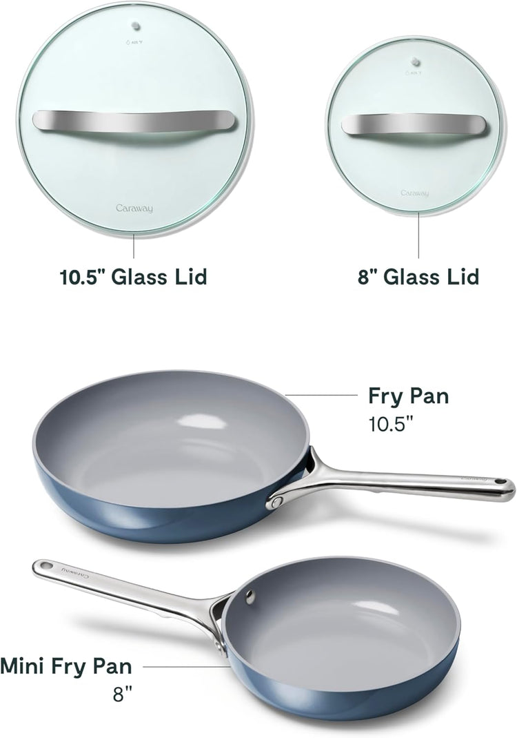 Caraway Ceramic Fry Pan Duo with Glass Lids - Non-Stick Frying Pans (10.5” & 8”) - Non Toxic, PTFE & PFOA Free - Oven Safe & Compatible with All Stovetops – Navy