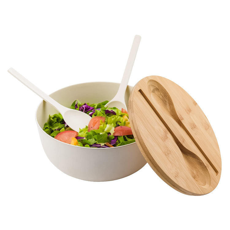 Bamboo Fiber Salad Bowl with Servers Set Large 9.8inches Nature Bamboo Mixing Bowl with Servers with Lid Spoon and Fork for Fruits