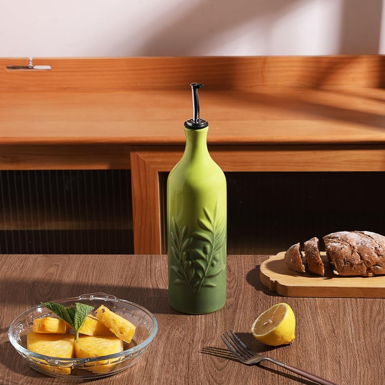 Sweejar Large Ceramic Olive Oil Dispenser Bottle, 24 Oz Relief Opaque Oil Cruet Protects Oil To Reduce Oxidation, Storage Vinegar, Soy Sauce, Coffee Syrup, Liquids, Set of 1 (Gradient Green)