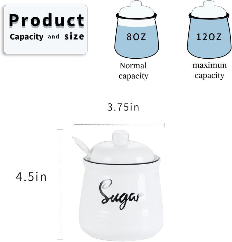 HAOTOP Farmhouse Porcelain Sugar Bowl with Lid and Spoon 12oz,Easy to Clean (White)