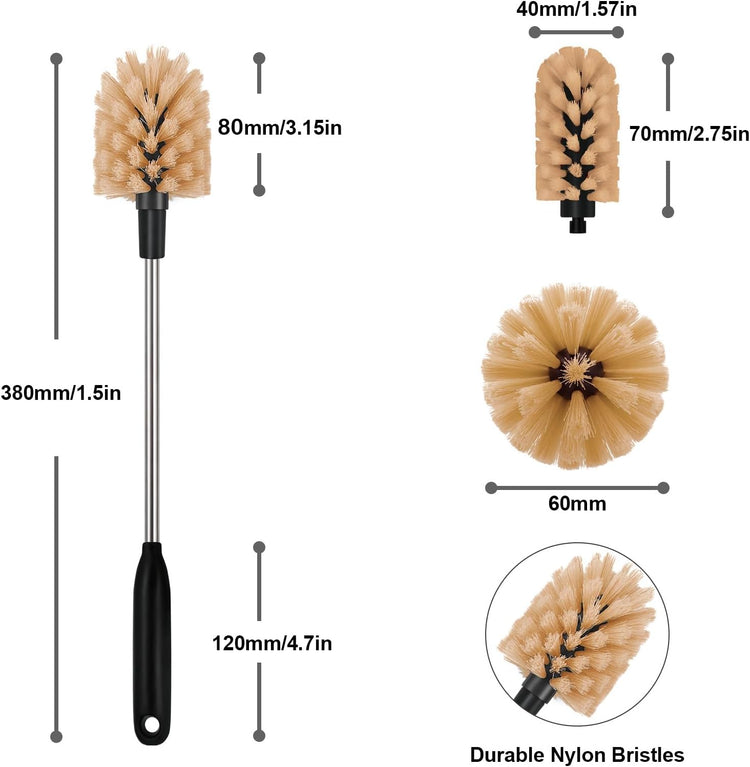 2-in-1 Long Handle Bottle Brush - Water Bottle Cleaning Accessories - Flexible Scrub Brush for Water Bottles,Mugs, Glasswares - with Replacement Brush Heads,Dishwasher Safe Reusable,Brown