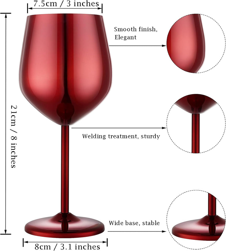Stainless Steel Wine Glasses Set of 4 Unbreakable Wine Glass 18 oz Unique Metal Wine Goblets for Outdoor, Travel, Camping, Pool, Ideal Gift for Wine Lovers (Mirror-Red)
