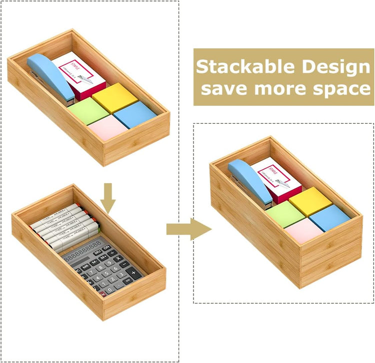 Bamboo Kitchen Drawer Organizer,Stackable Silverware Tray Utensil Organizer Cutlery Holder for Kitchen,Wooden Storage Box for Bathroom, Multi-Use Drawer Organizer for Office,Makeup(12x6x2.5 inch)