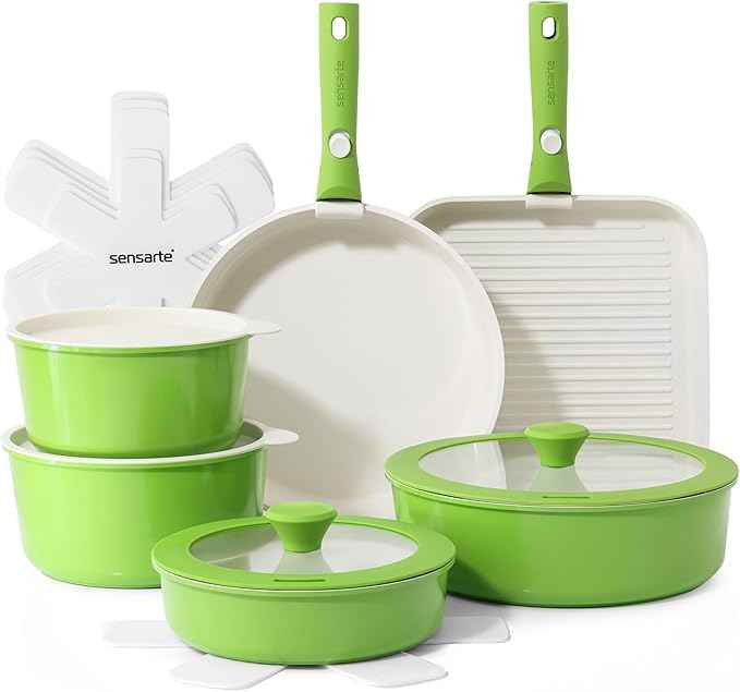 SENSARTE 17 Piece Ceramic Pots and Pans Set, Nonstick Detachable Handle Cookware, Induction Kitchen Cookware Set with Removable Handle, Dishwasher & Oven Safe (Green)