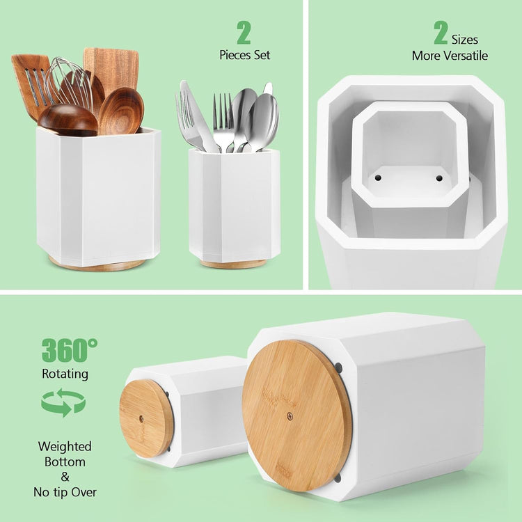 2 Pack Wooden Utensil Holder, 360°Rotating Kitchen Cooking Utensil Crock, Spoon Spatula Holder for Kitchen Counter, Farmhouse Countertop Organizer(White,Square)