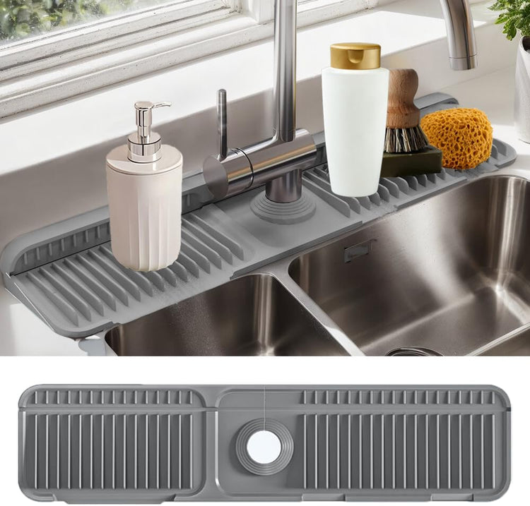 24" Silicone Faucet Mat for Kitchen Sink,Folding Sink Splash Guard Behind Faucet,Fasten Button & 6° Slope Design Faucet Drain Mat for Kitchen and Bathroom,Faucet Draining Mat(Gray)