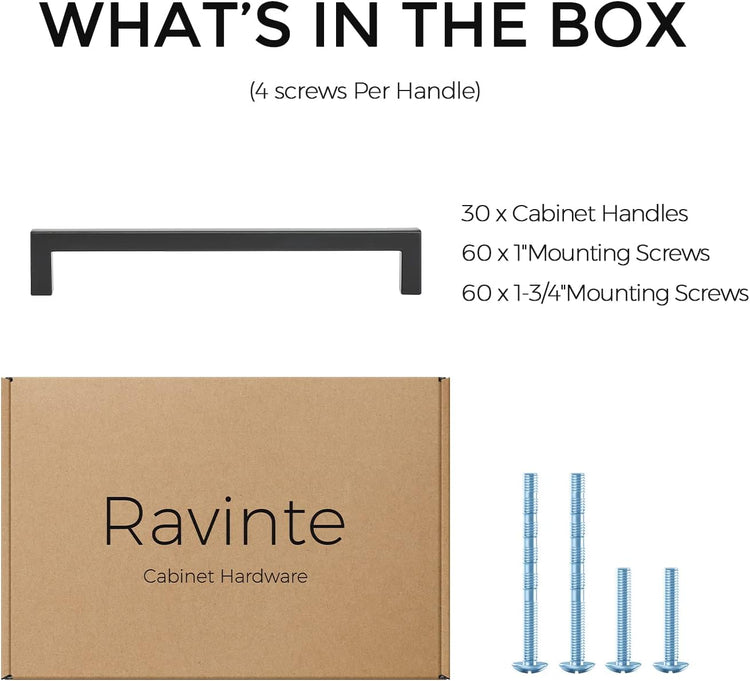 Ravinte 30 Pack Matte Black Square Drawer Handles 6-1/4 inch Center to Center