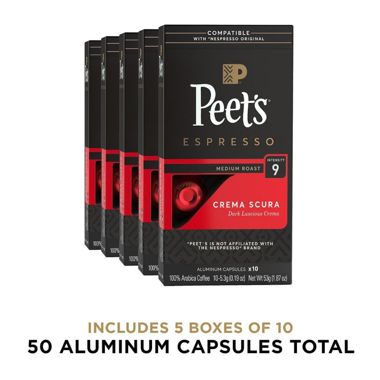 Peet's Coffee, Medium Roast Espresso Capsules, Compatible with Nespresso Original Machine - Crema Scura Intensity 9, 50 Count (5 Boxes of 10 Espresso Capsules)