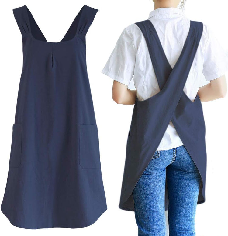 NEWGEM Japanese Linen Cross Back Cooking Aprons for Women Men with Pockets Cute for Baking Kitchen