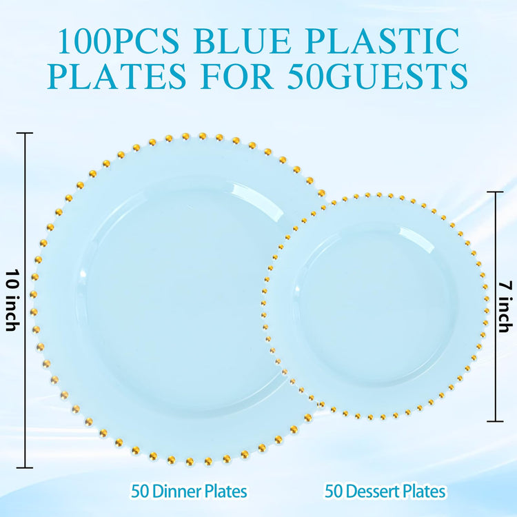 100pcs Light Blue Plastic Plates with Gold Beads for Wedding Party (100 Count)