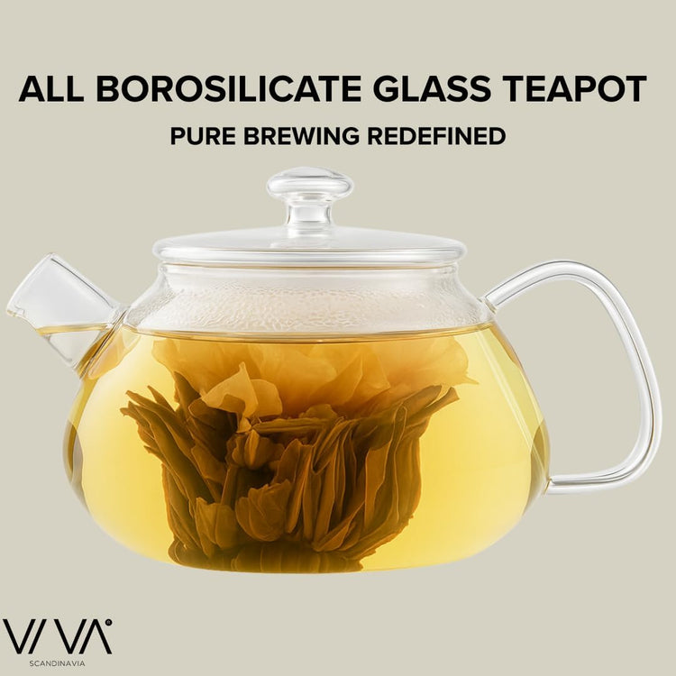 Viva Nicola All Borosilicate Glass Teapot with Tea Included, Lid, with Removable Infuser for Loose Leaf Tea - No Metal Or Plastic for The Perfect Brew, 25oz Tea Maker, Stove Top Safe, No Drip Spout