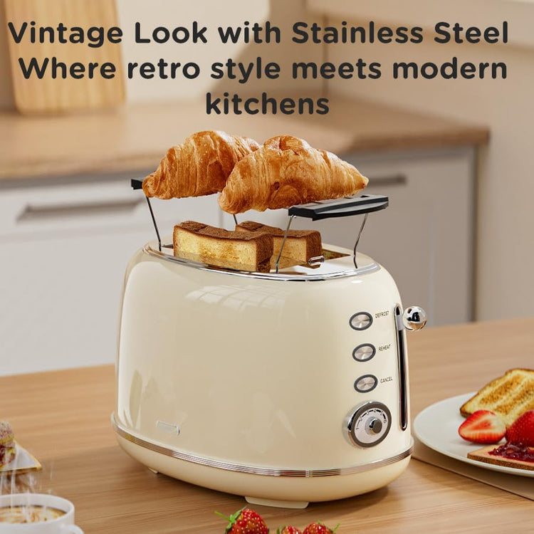 Toaster Retro 2 Slice, Vintage White Toaster with Lid, with Bread Attachment, Preheat, Defrost And Cancel Functions, 6 Browning Levels (Beige)