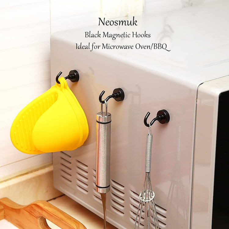 Neosmuk Black Magnetic Hooks,30lb+ Heavy Duty Earth Magnets with Hook for Refrigerator, Extra Strong Cruise Hook for Hanging, Magnetic Hanger for Curtain, Grill (Black, 15 Pack)