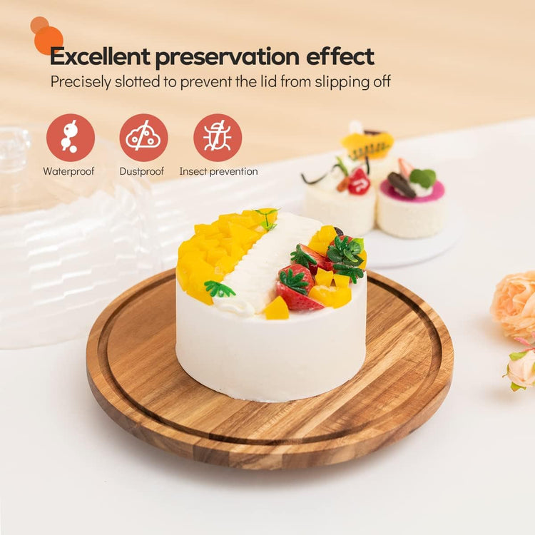cutesun acacia wood cake stand with lid, 11.8'' Rotating Cake Stand with Dome, Shaterproof 10.4'' Acrylic Cake Display Cover, Cake Holder Tray for Wedding Gift,Kitchen,Birthday,Parties,Baking Gifts