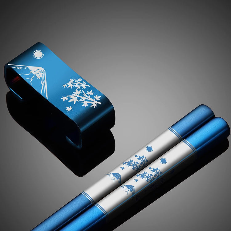 Metal Chopsticks Reusable 2 Pairs Titanium Plated 18/8 Stainless Steel Chopsticks with Holder, Dishwasher Safe Non-Slip Japanese Style Laser Engraved Chop Sticks Gift Set (Blue)