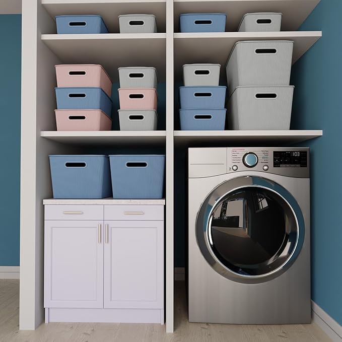 Glad Storage Baskets with Lids - Set of 6 Stackable Plastic Boxes with Handles - Decorative Shelf Organizer Bins for Bathroom and Closet, Blue, 1 Gallon